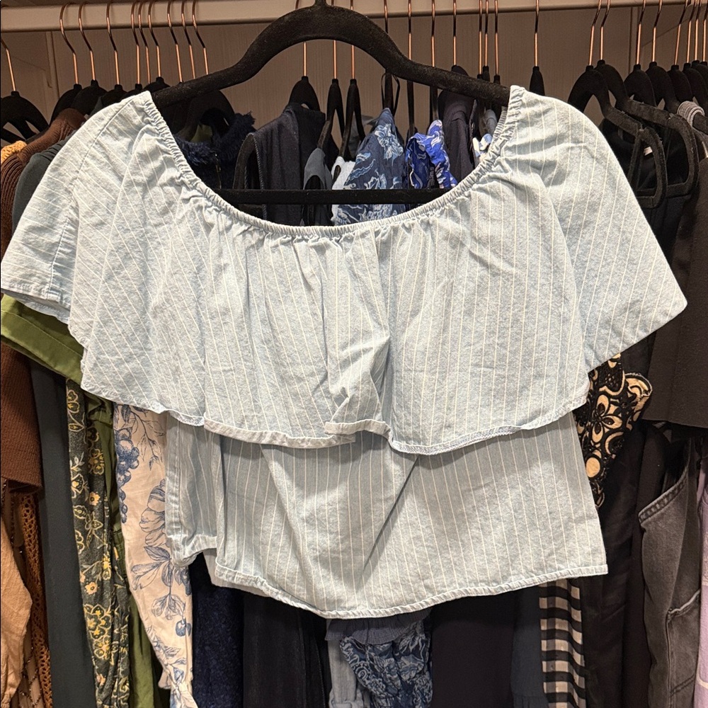 Striped Light Blue Off-Shoulder Ruffle Crop Top